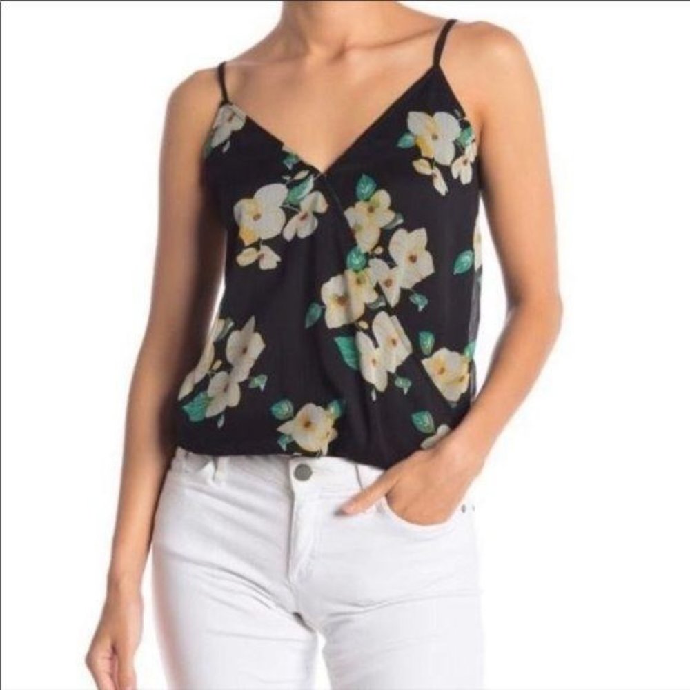Free Press Black Chinoiserie Floral Mock Wrap Cami Top XXS